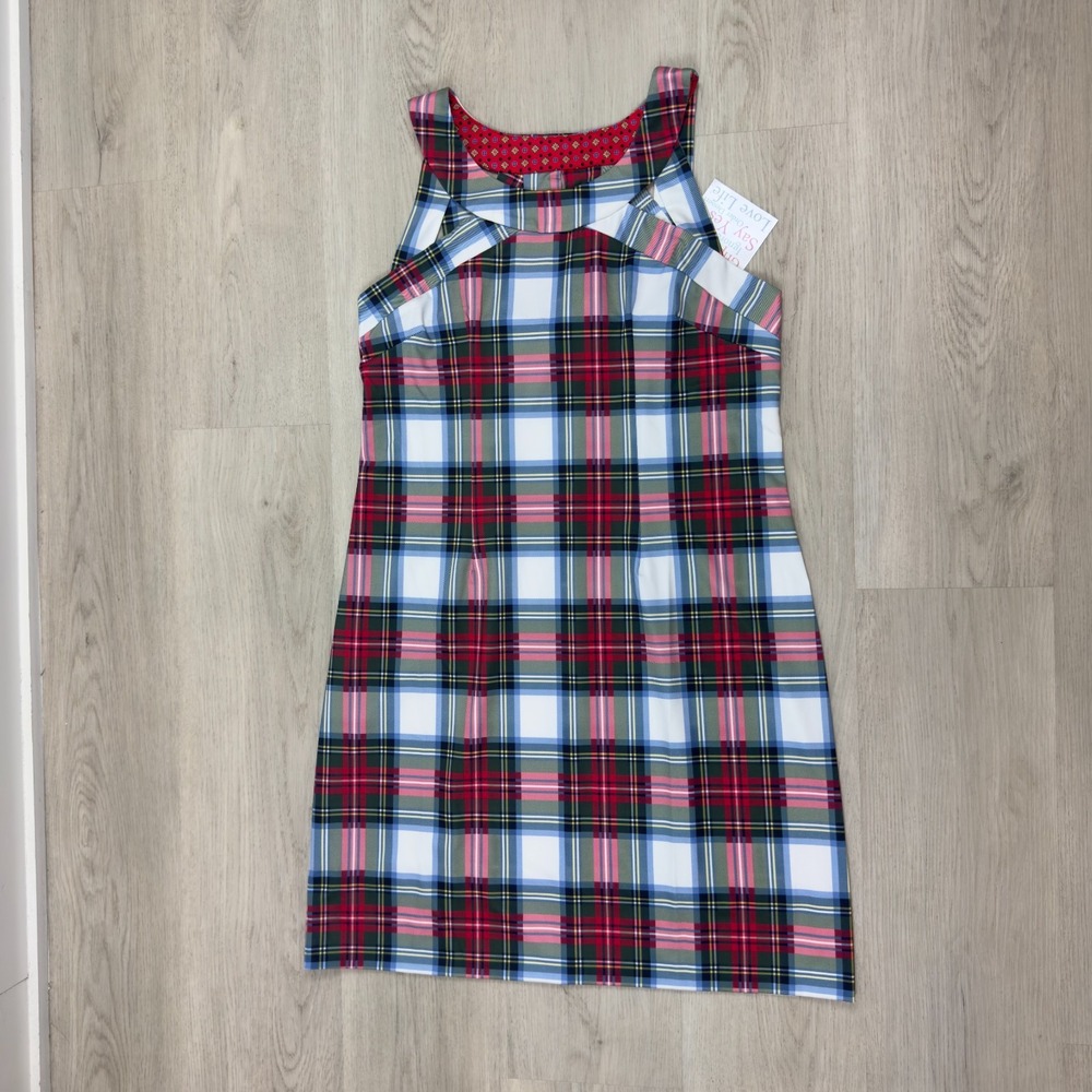 Gretchen Scott Tartan Plaid Isosceles Dress Womens Large Red White Sleeveless